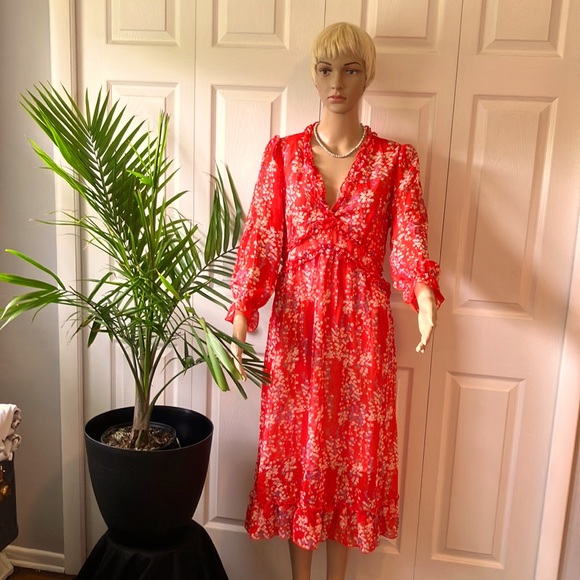 “ 1 XL NWT Red V Neck Floral Midi Dress “ - Picture 2 of 10
